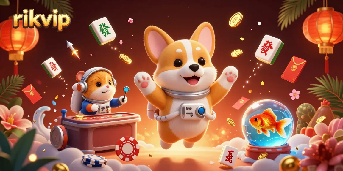 Join the fun at rikvip with a floating space casino, where cartoon characters play amidst drifting poker chips and golden coins.