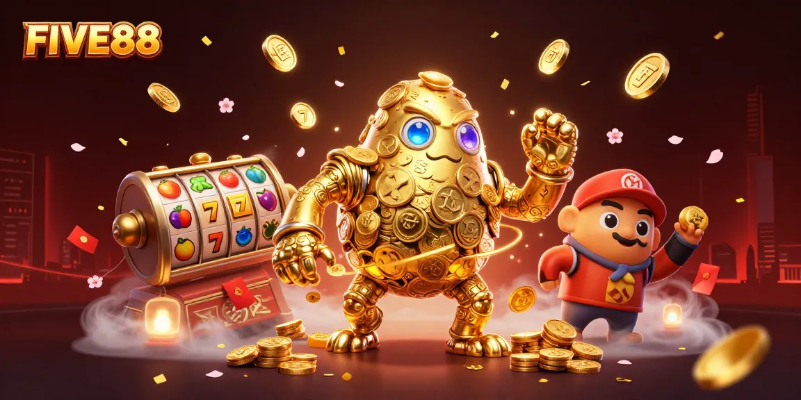 Engage in exciting slots at FIVE88 with a vibrant scene featuring golden golems and animated game elements.