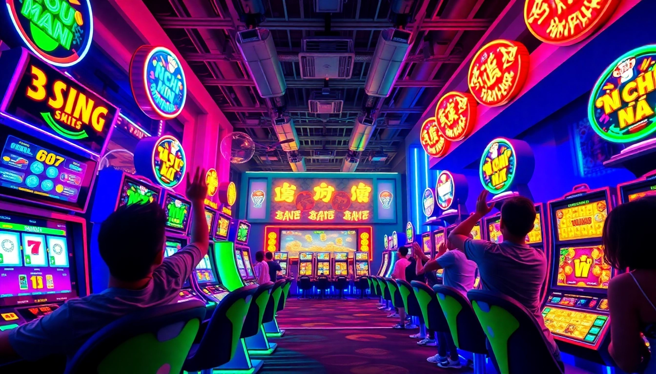 Nổ Hũ online casino scene highlighting vibrant slot machines and excited players.