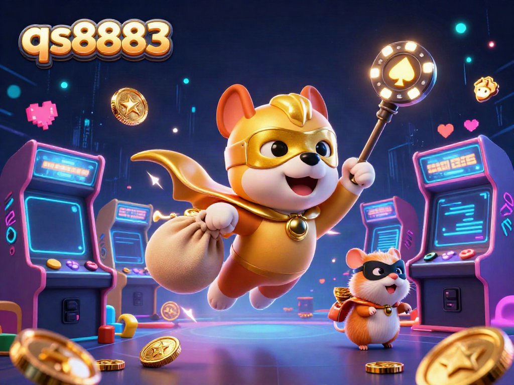 Experience excitement at qs8883 with a superhero dog soaring above colorful game elements, capturing the thrill of online gambling.