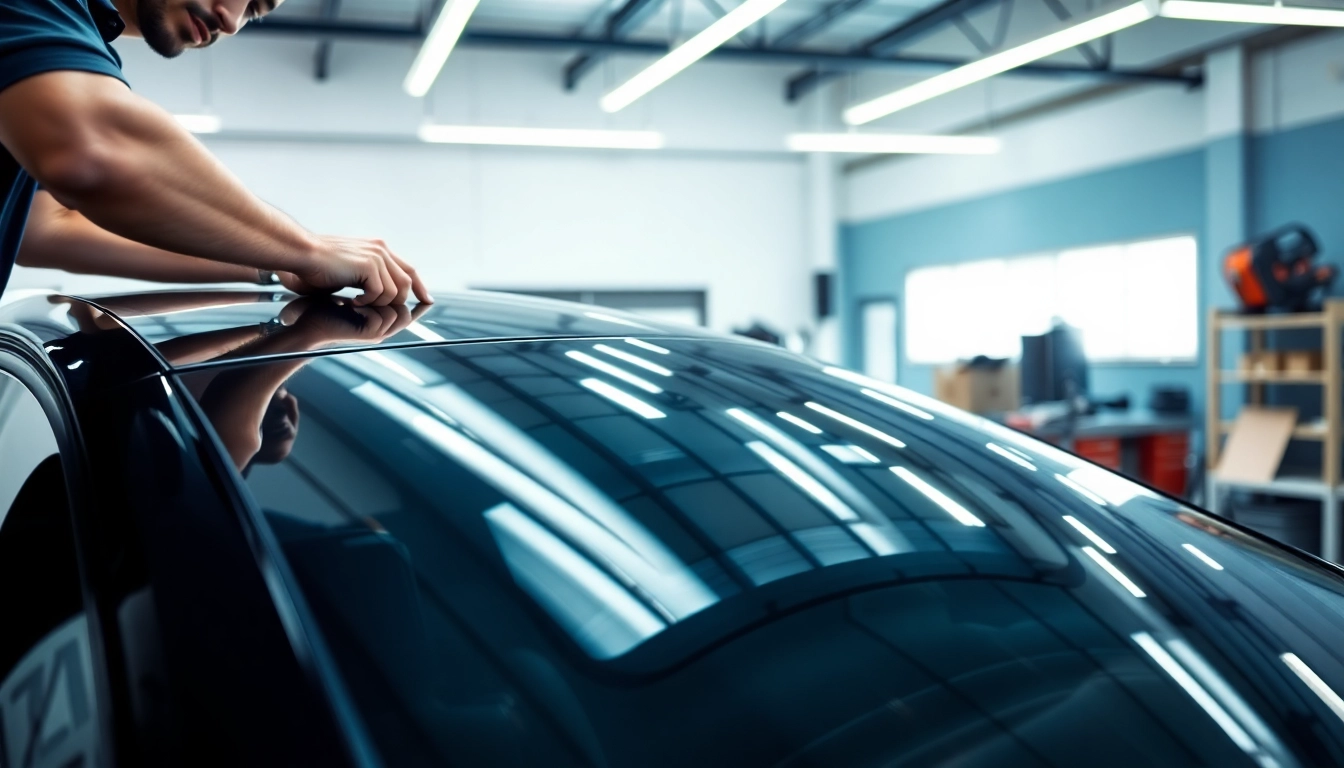 Expert auto window tint near me being applied on a car in a well-lit garage.