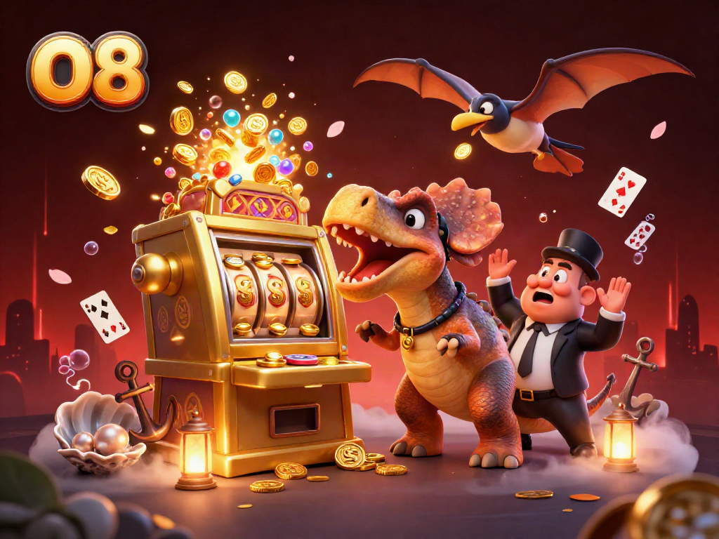 O8 slot machine jackpot win illustrated with dynamic casino characters and vibrant elements.