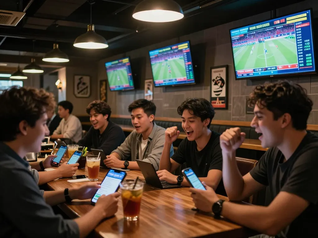 Engaging scene of sports betting atmosphere capturing tỷ lệ kèo trực tuyến excitement with patrons focused on live odds