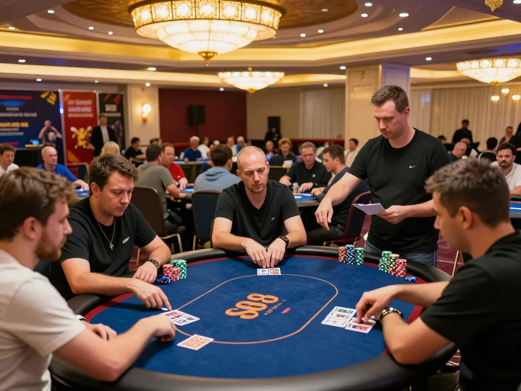 Players strategizing and betting at a rokok 88 poker tournament in a lively casino.
