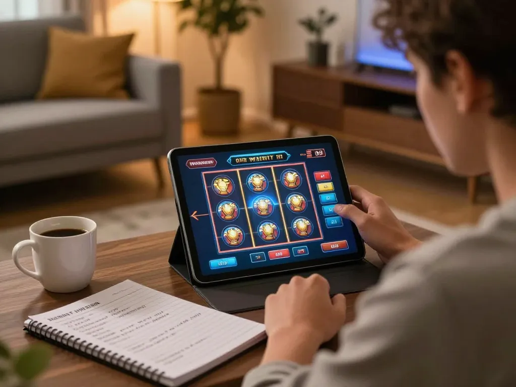 An engaged player at https://vipwin79.net/ enjoying an online slot game in a cozy living room setting
