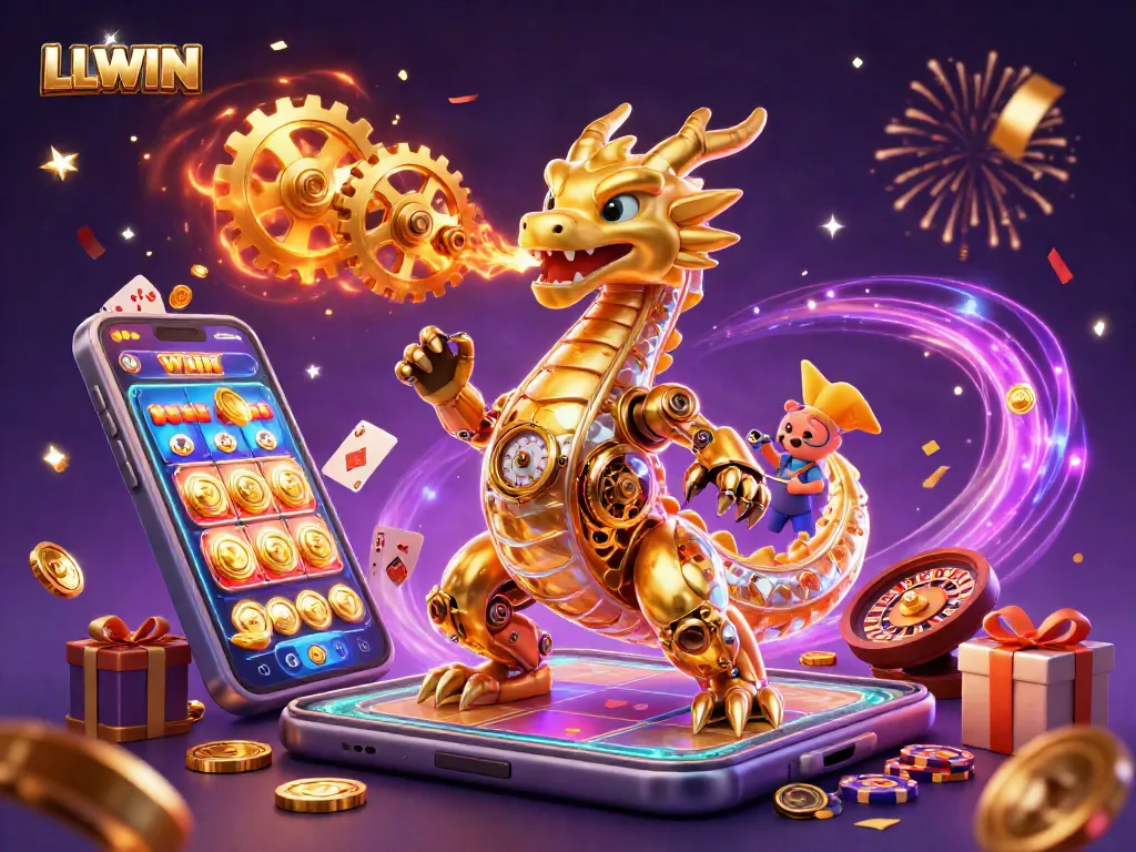 Spin to win at LLWIN with a golden dragon and casino elements in a vibrant 3D scene.