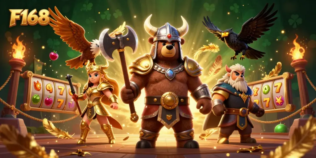 F168 showcases an exciting gaming scene with Viking characters, slot reels, and vibrant game elements.