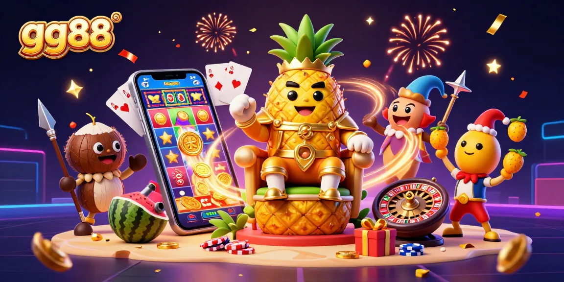 Win big with gg88's vibrant casino scene showcasing festive characters and exciting gaming elements.
