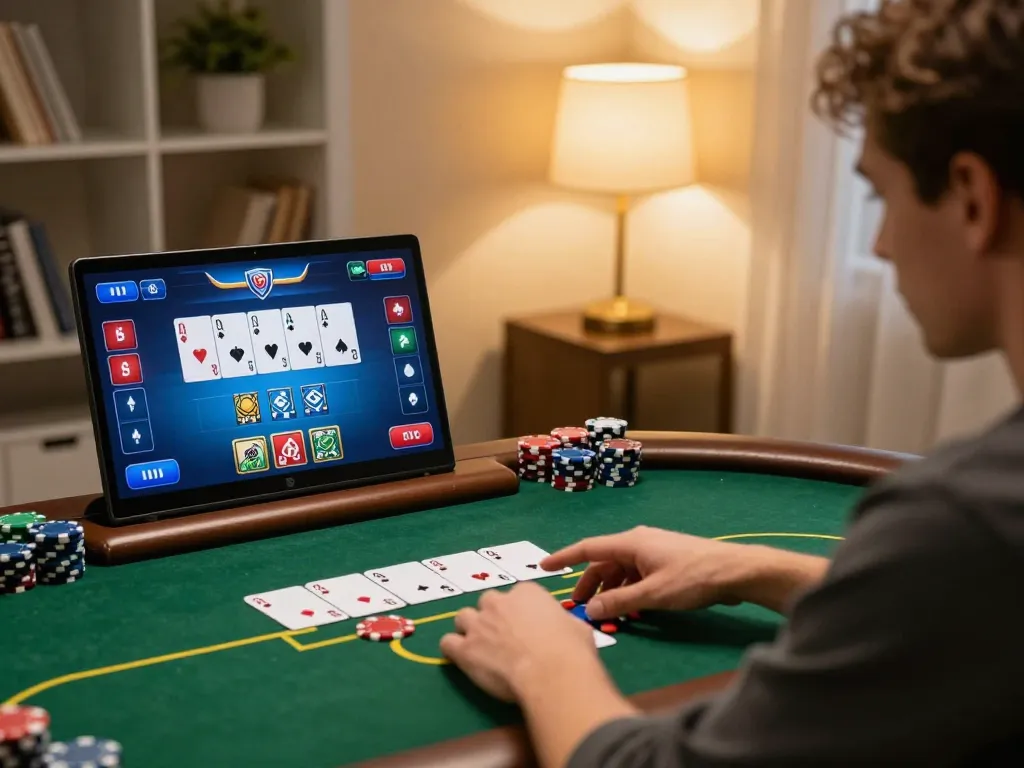 Player engaged in five88 online poker game, surrounded by cozy home elements, showcasing strategic play.