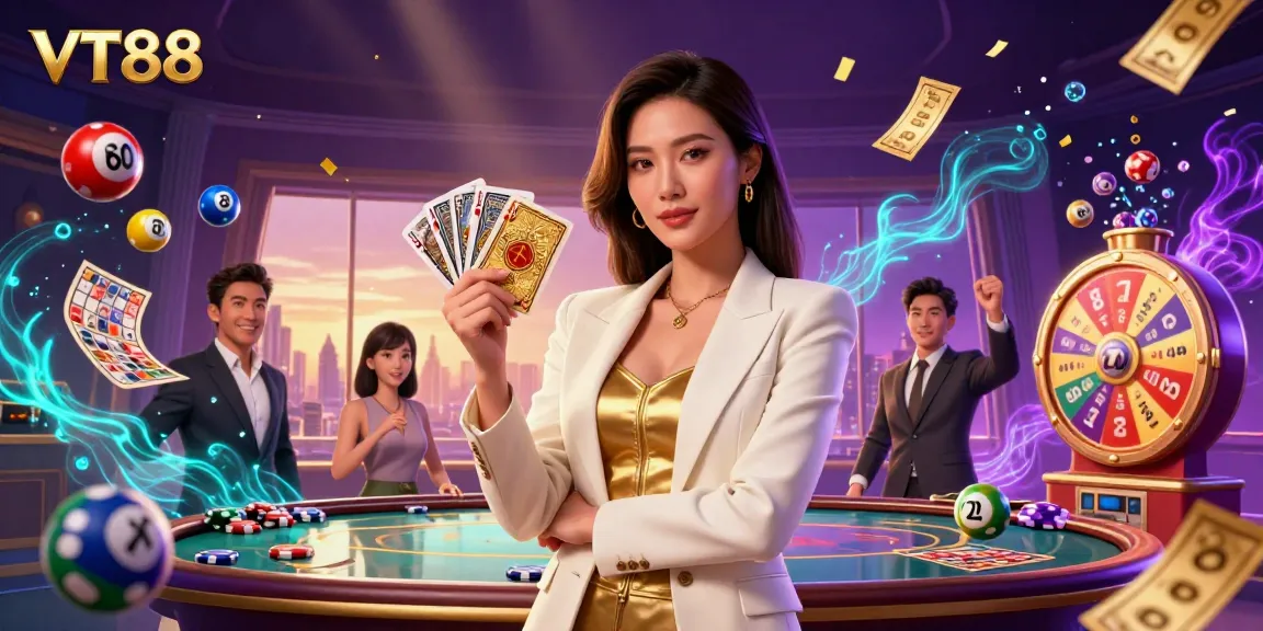 VT88 showcases an empowered Asian businesswoman in a casino-themed illustration, surrounded by dynamic gambling elements.