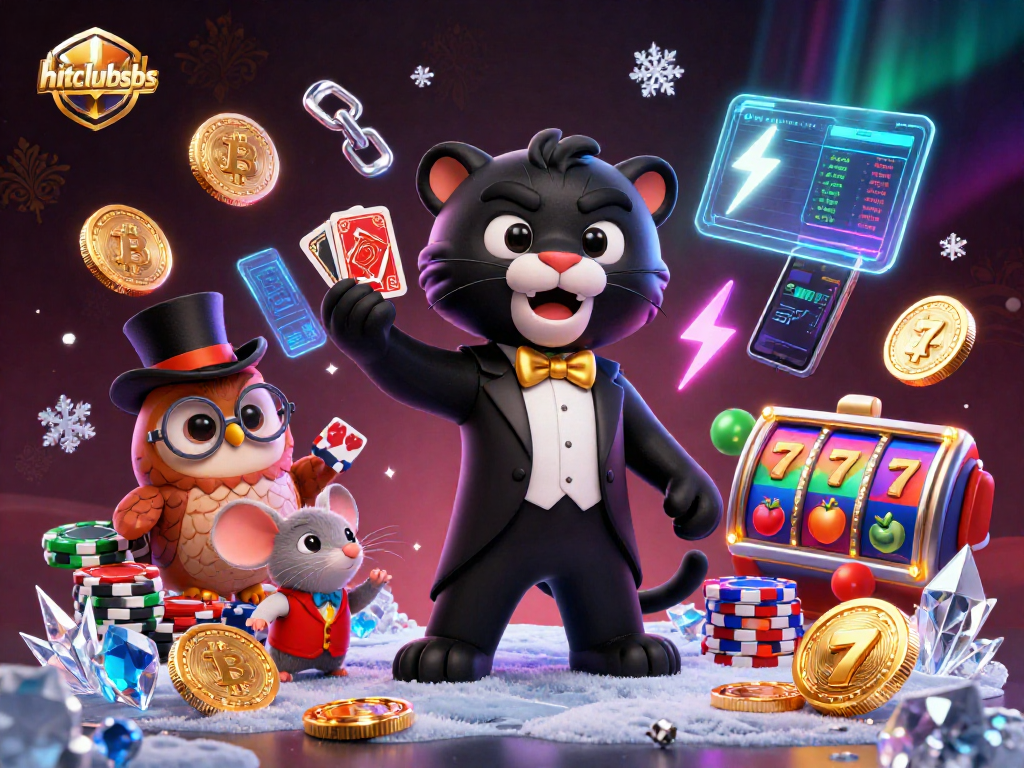 Engage with hitclubsbs at the casino as the stylish panther deals cards amid vibrant slot reels and crypto coins.