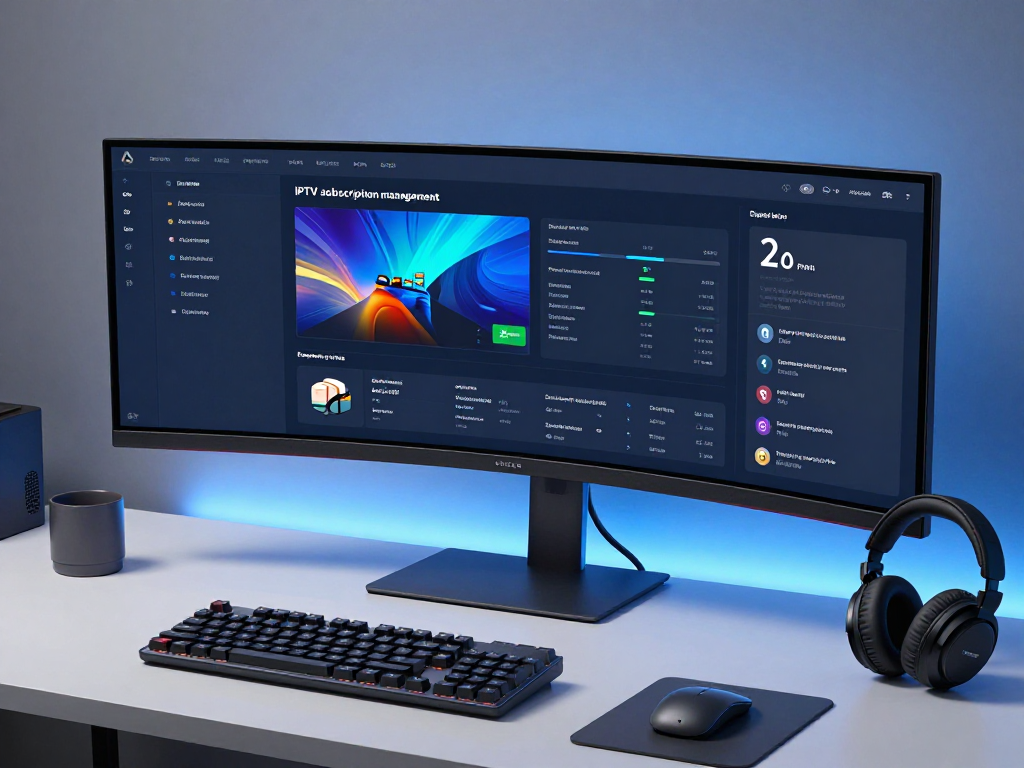 "Iptv subscription management software interface on a modern workspace screen, showcasing advanced analytics and support features."