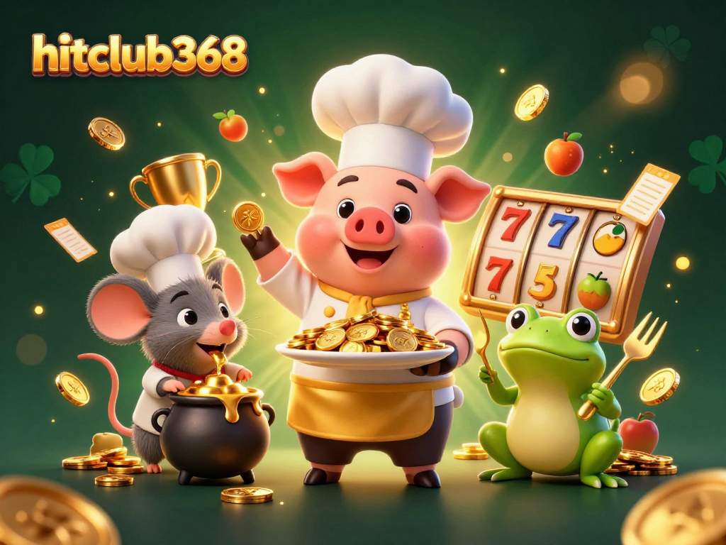 Experience thrilling slots and jackpots at hitclub368, featuring cheerful cartoon characters and coins