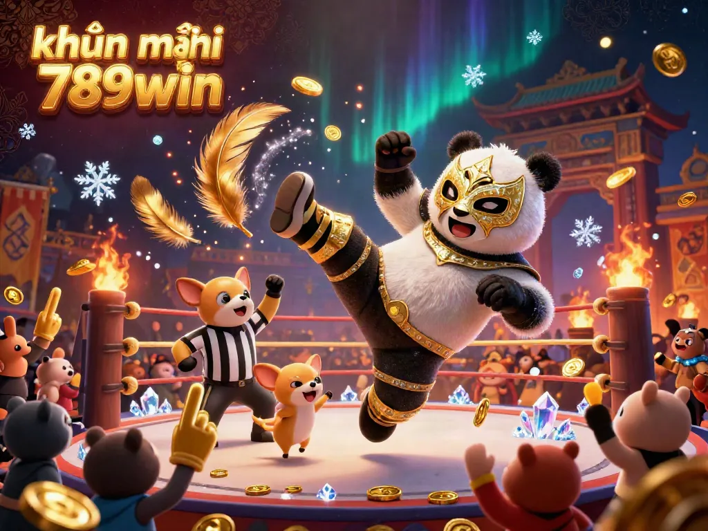 Experience exciting khuyến mãi 789win with a dynamic wrestling scene featuring a panda and chihuahua in an energetic casino setting.