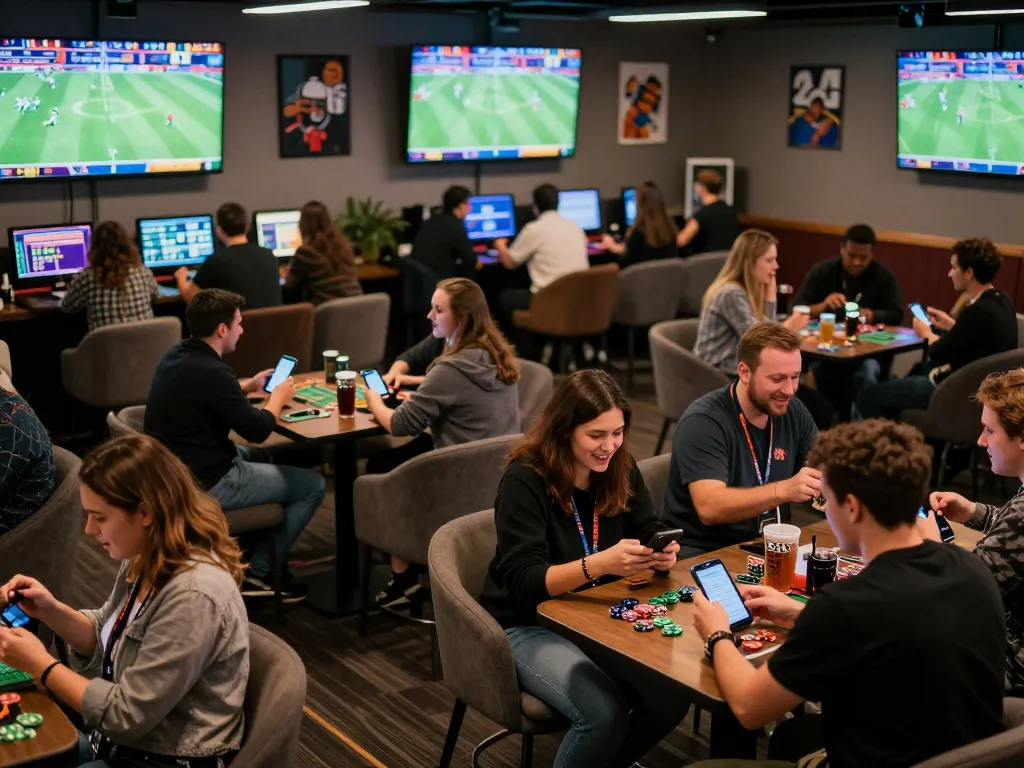 Fans engaging with debet sports betting on mobile devices in an electrifying lounge
