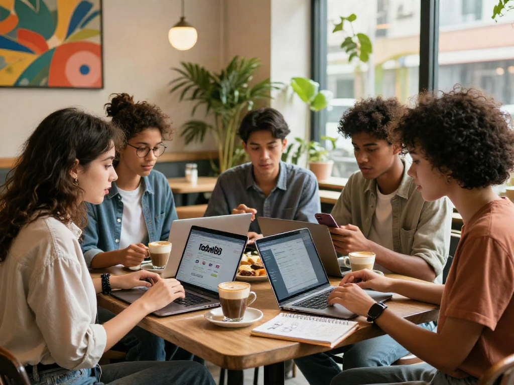 Group of friends using rokok88 login in a stylish coffee shop, showcasing modern social engagement.