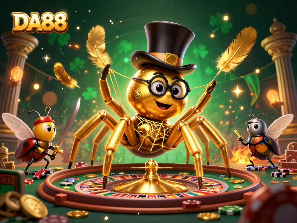 DA88 showcases a captivating casino scene with a golden tarantula and knights amidst a dynamic roulette setting.