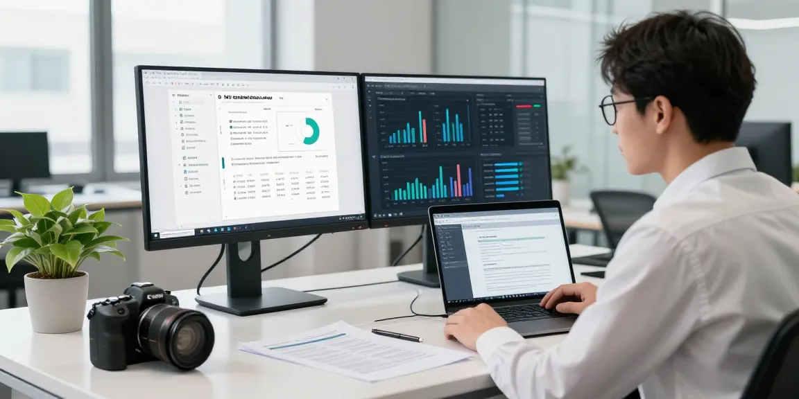 Data analyst engaged in document fraud detection using advanced software analytics in a modern office environment