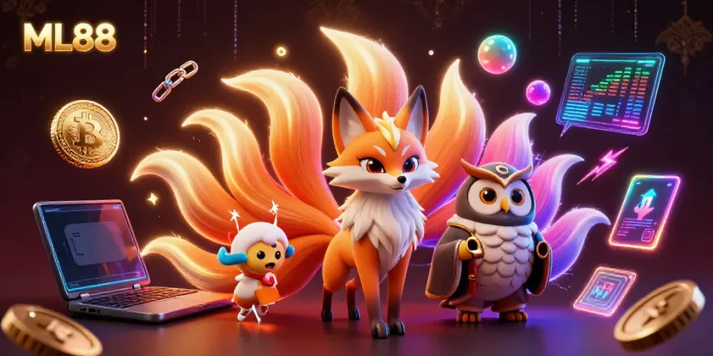 Engage with ML88's vibrant casino scene featuring a mystical fox and wise owl amidst glowing digital elements.