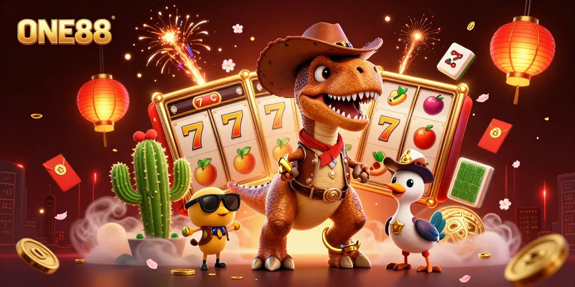 Experience dynamic gaming with ONE88 featuring a T-Rex cowboy and casino elements in vibrant 3D.