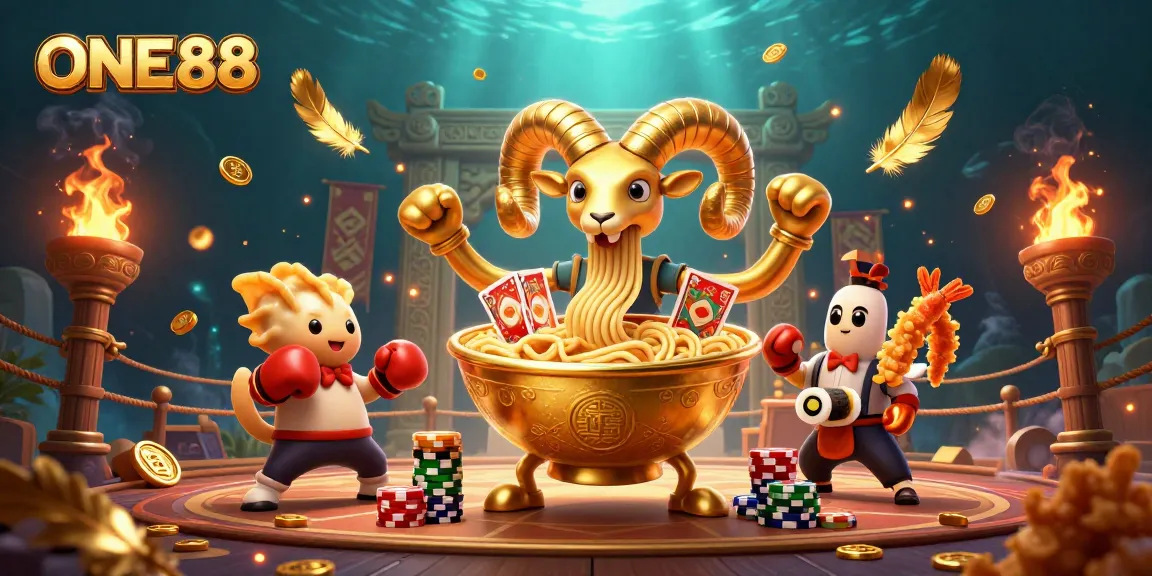 ONE88's vibrant casino scene showcases golden ramen bowl characters engaging in card games.