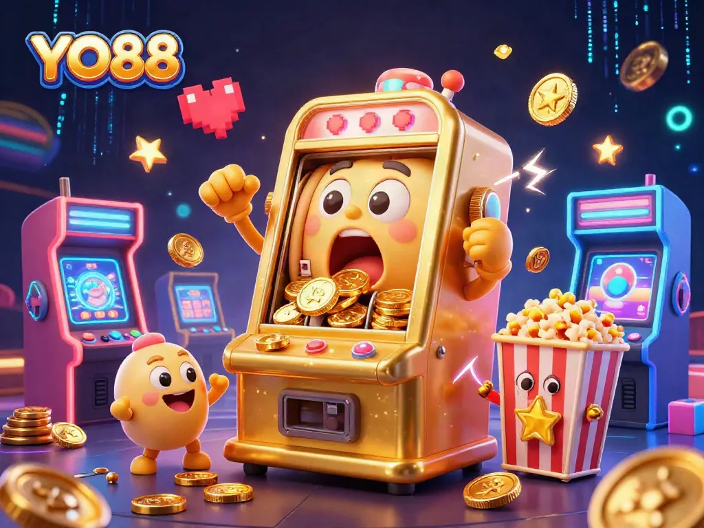 Spin the YO88 jackpot with a lively golden slot machine and vibrant game elements!
