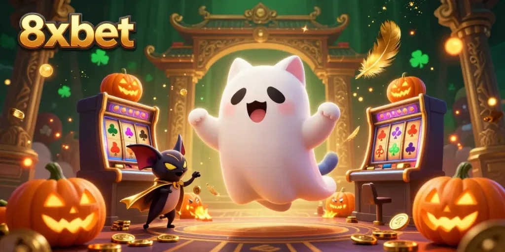 Engage with thrilling games at 8xbet in a vibrant casino environment featuring a playful ghost cat and bat companion.