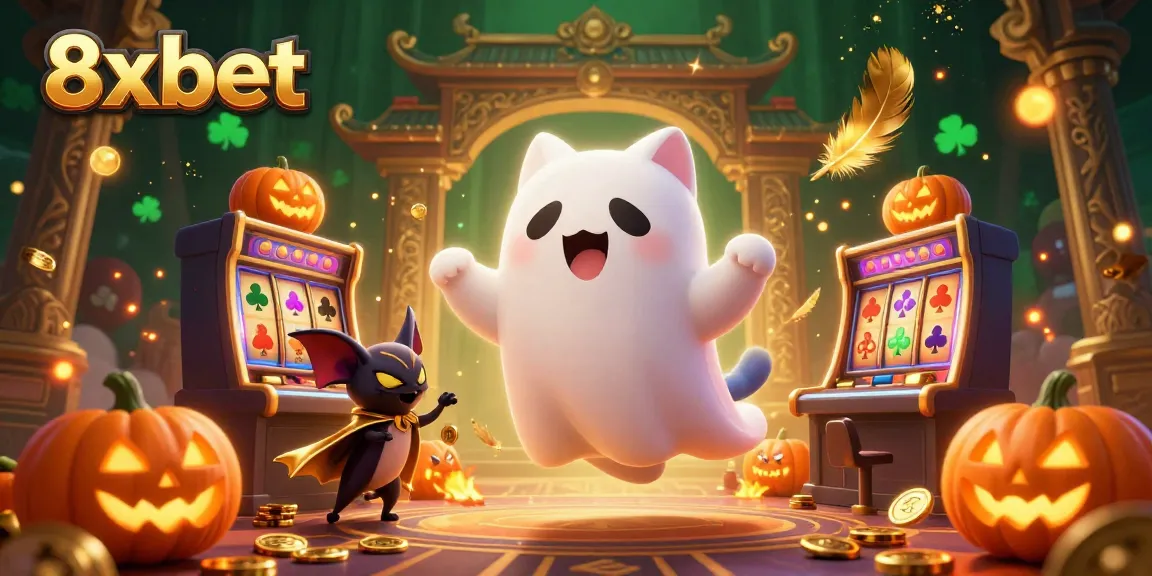 Engage with thrilling games at 8xbet in a vibrant casino environment featuring a playful ghost cat and bat companion.