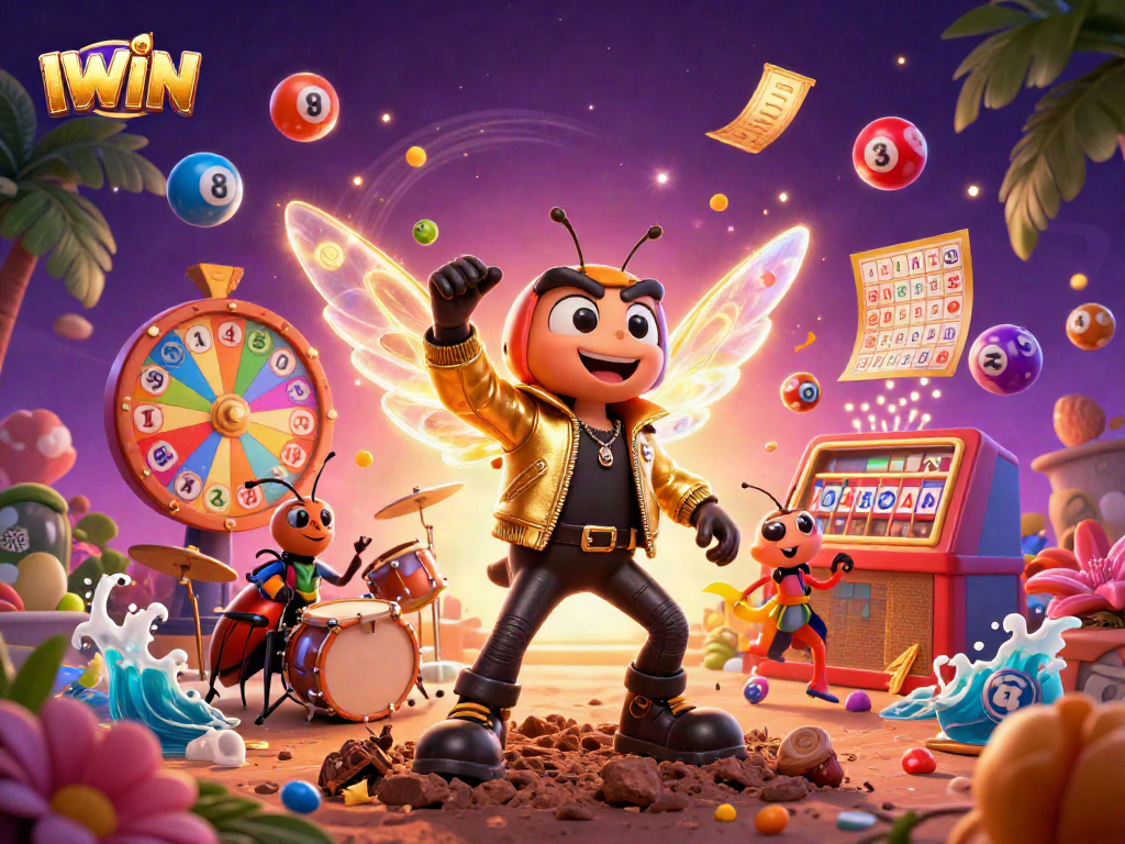 Experience IWIN's vibrant bingo gaming atmosphere with colorful bingo balls and buzzing characters.