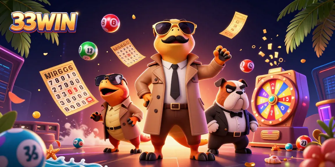 Experience thrilling gaming with 33WIN as cartoon raptors enter a VIP lounge, amidst vibrant lottery elements.