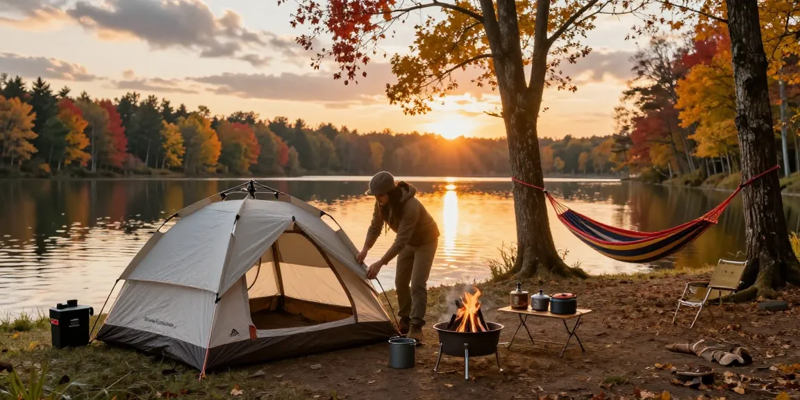 Adventurer setting up camping gear from https://www.anniescollections.com by a serene lakeside at sunset.