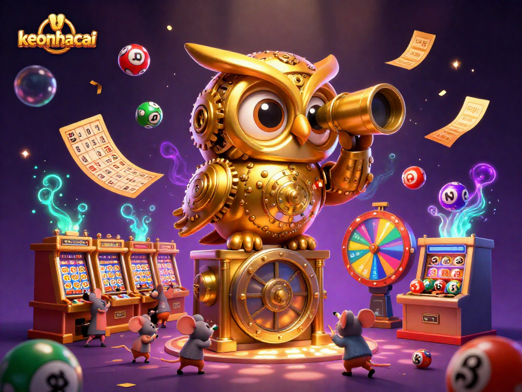 Discover keonhacai's vibrant casino scene with an owl and lively lottery elements