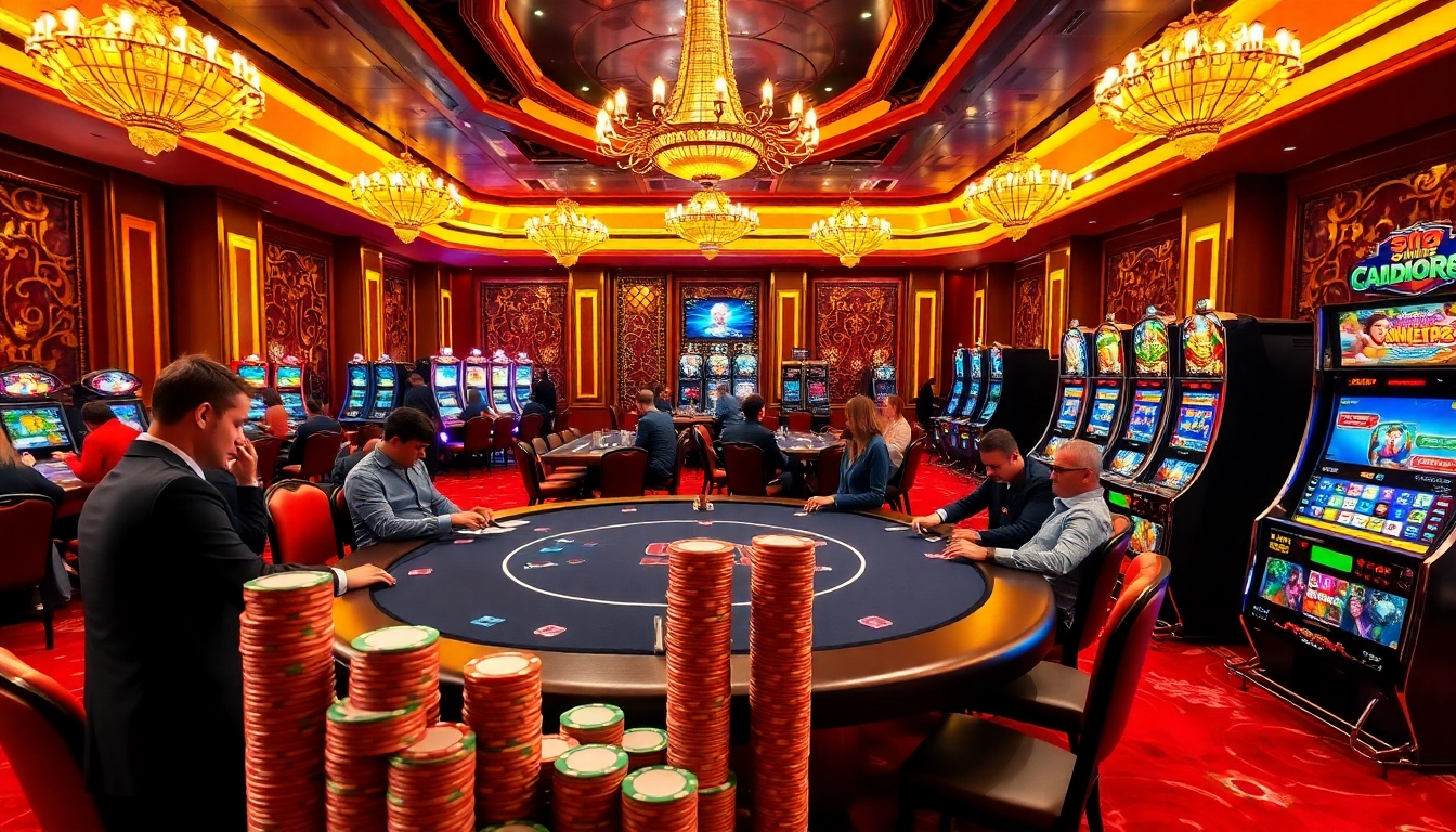 UU88 casino thrill with poker table and vibrant slot machines in a luxurious setting.