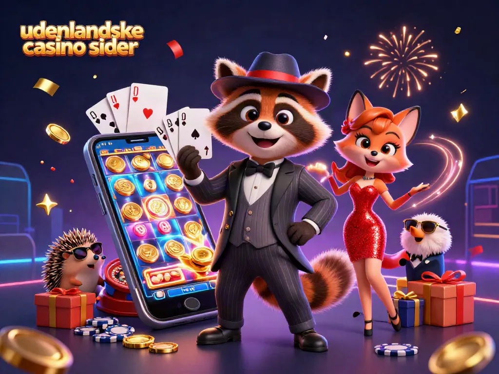 Engage with udenlandske casino sider as a suave raccoon, elegant fox, and hedgehog bouncer celebrate in a vibrant casino scene.
