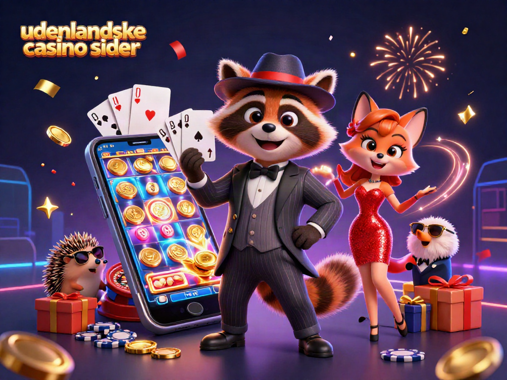 Engage with udenlandske casino sider as a suave raccoon, elegant fox, and hedgehog bouncer celebrate in a vibrant casino scene.