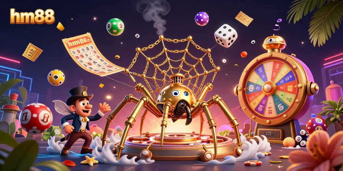 Engage with the thrilling world of hm88 as a steampunk spider ensnares lucky dice amidst vibrant casino elements.