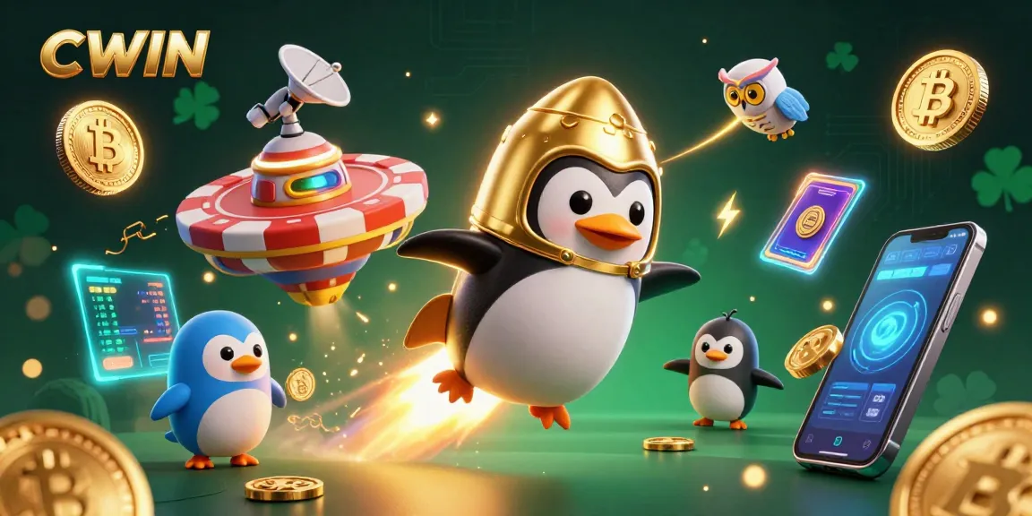 CWIN penguin on a golden coin journey toward a space casino, filled with crypto elements.