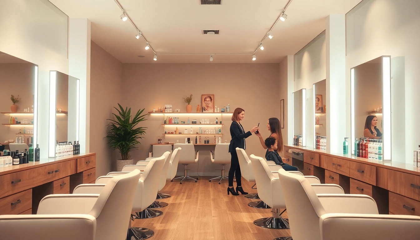 Peluquería interior showcasing modern styling chairs, ambient lighting, and hair care products for a professional hair salon experience.