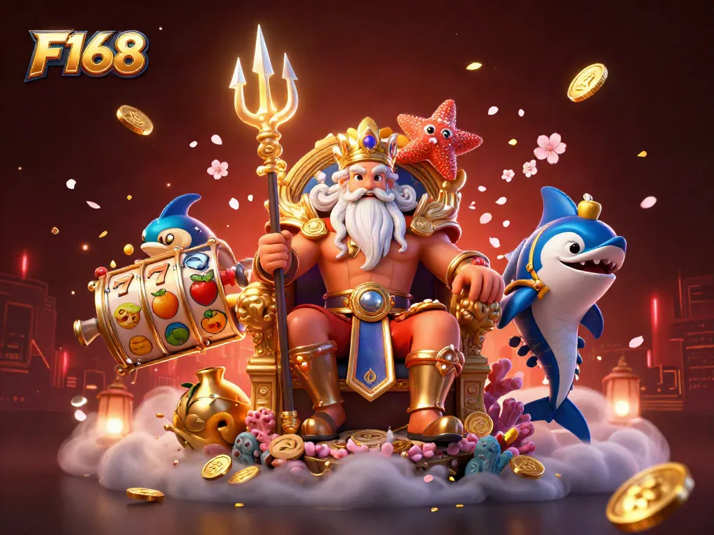 Engage in the F168 casino experience with Neptune flanked by dynamic slot reels and vibrant gold coins.