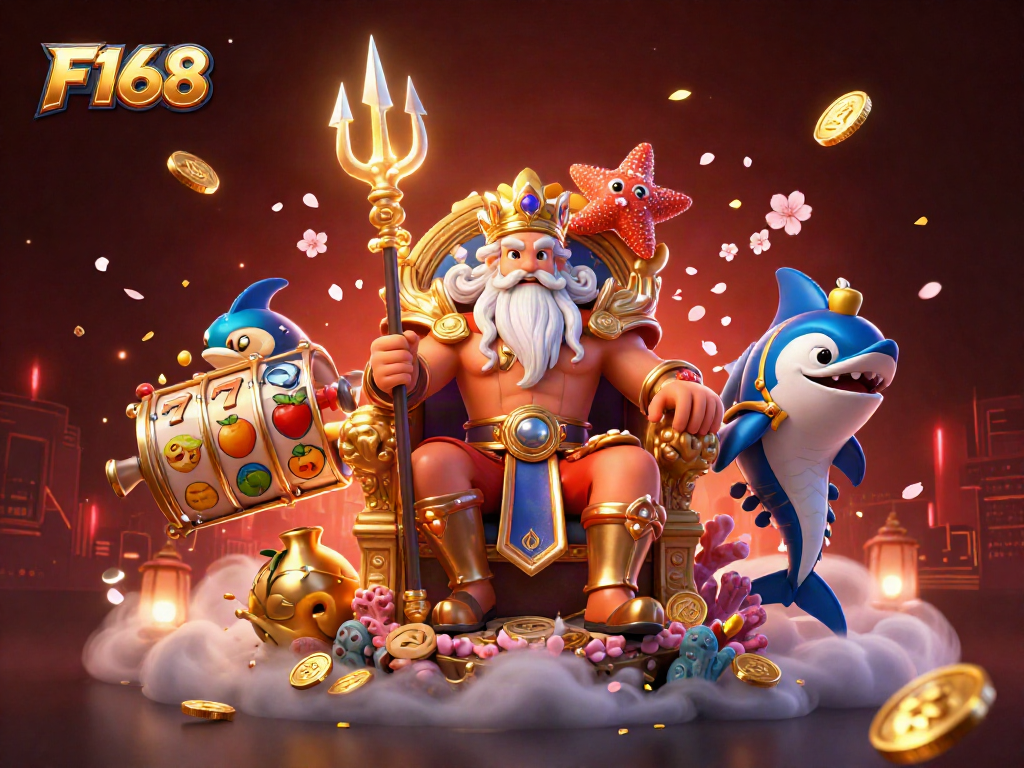Engage in the F168 casino experience with Neptune flanked by dynamic slot reels and vibrant gold coins.