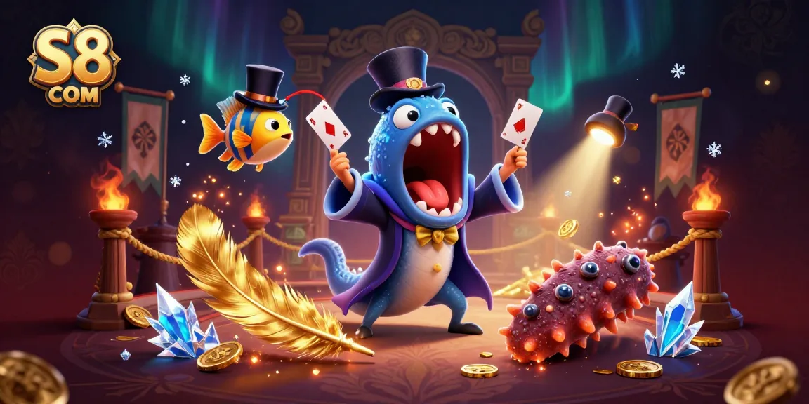 Engage with S8 COM in this dynamic casino scene featuring unique sea creatures performing magical tricks.