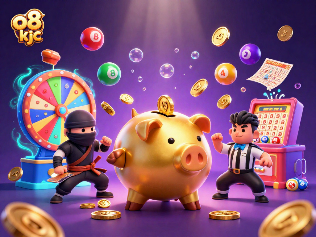 Experience the thrill of o8 kjc with a golden piggy bank sumo wrestler amidst vibrant casino elements.