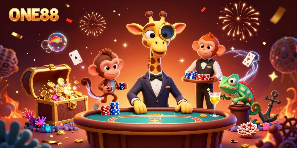 Experience the thrill of ONE88's games in a vibrant 3D casino scene featuring unique characters.