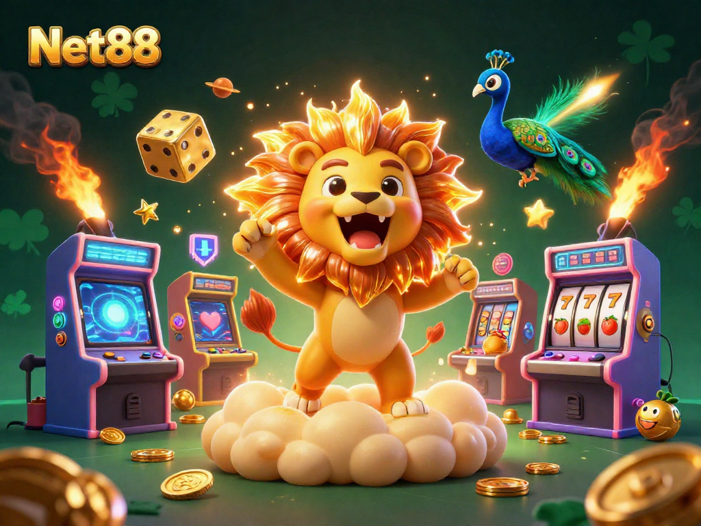 Join the fun at Net88 with a vibrant 3D casino illustration bursting with gaming elements.