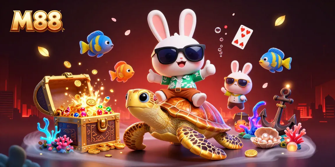 M 88 showcases a thrilling gambling experience with a lucky rabbit and golden sea turtle in a vibrant casino underwater scene.