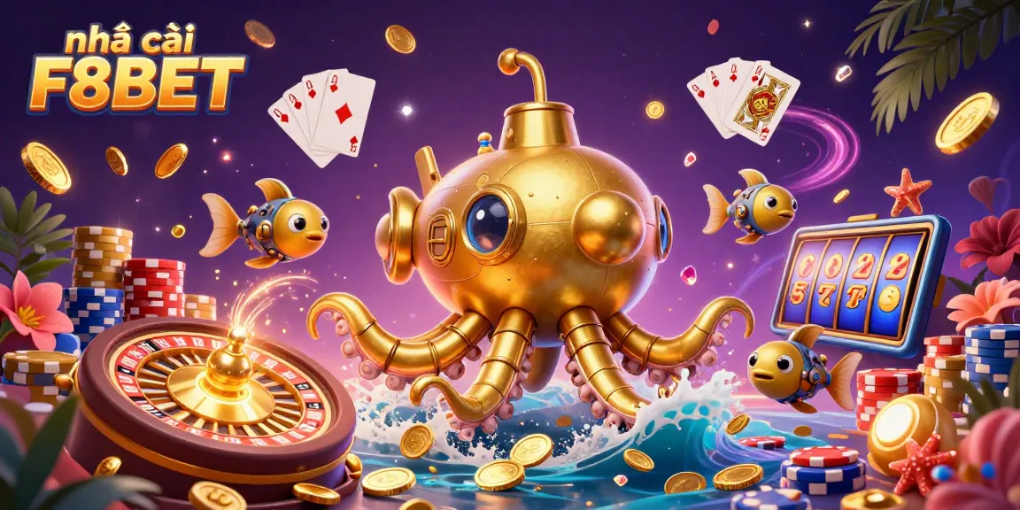 Experience immersive gaming with nhà cái F8BET's vibrant casino atmosphere, featuring a golden kraken and exciting game elements.
