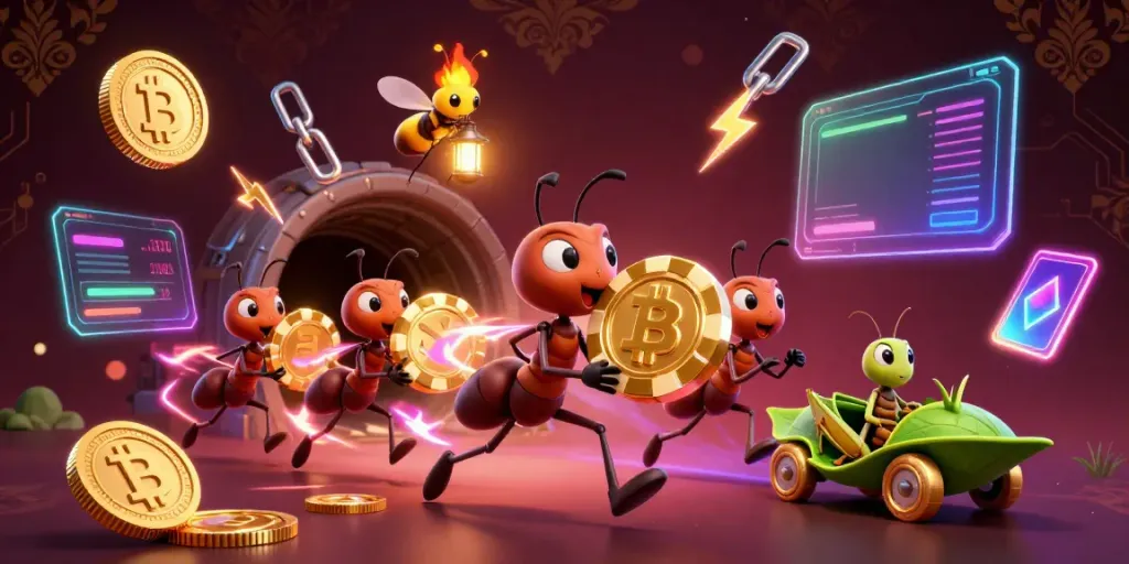 Engaging scene of rikvip-themed animated ants running a poker heist with cryptocurrency elements.