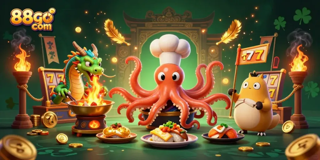 Experience thrilling moments with 88go com as a cartoon octopus chef serves wins in this exciting casino scene.