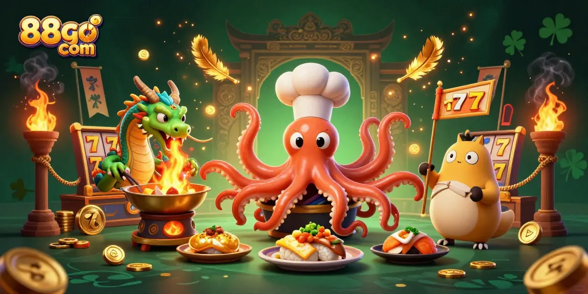 Experience thrilling moments with 88go com as a cartoon octopus chef serves wins in this exciting casino scene.