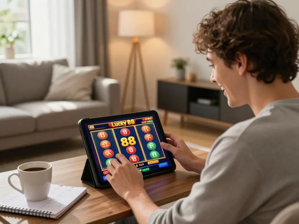 Engaging scene of a player enjoying the Lucky 88 slot machine at home with colorful visuals.